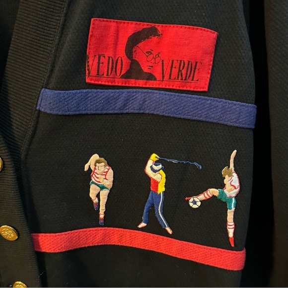 Art Deco 80’s Rare Vedo Verde Cardigan Gold Button Up Colorful Embroidered Sport - Picture 7 of 11